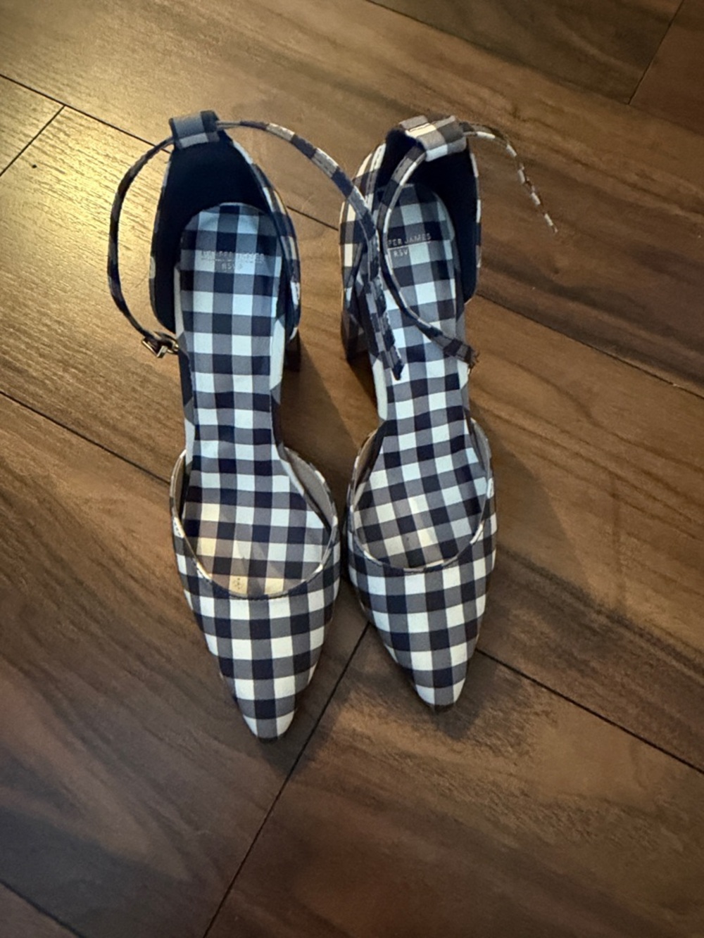 Plaid Pointed-Toe Ankle Strap Heels Navy & White